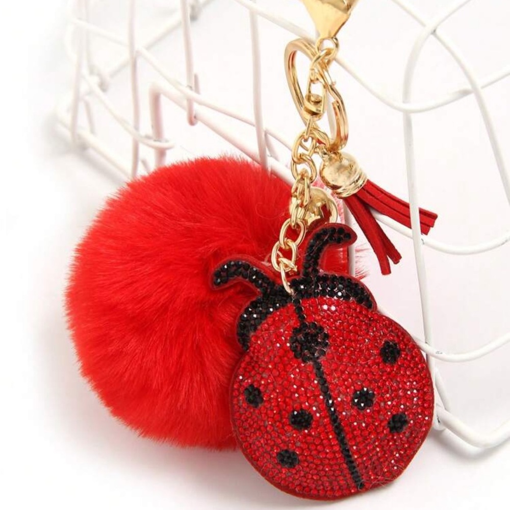 Party 1pc Rhinestone Decor Beetle Shaped Fluffy Ball Keychain Strawberry